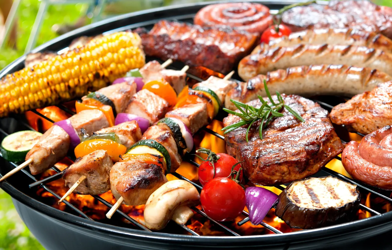 Photo wallpaper sausage, corn, meat, BBQ, tomato, kebab, steak, grill