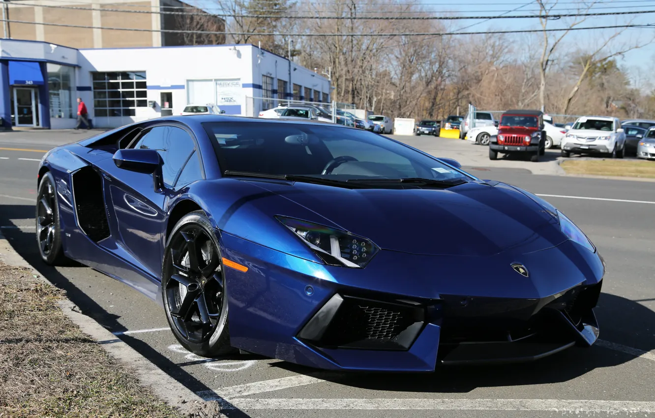 Photo wallpaper blue, Parking, lamborghini, front view, blue, aventador, lp700-4, Lamborghini
