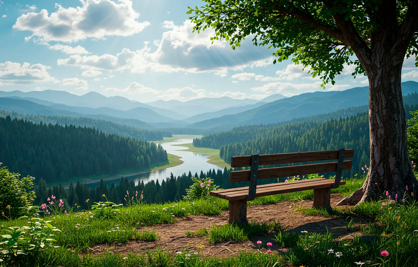 Photo wallpaper mountains, river, tree, Wallpaper, view, valley, shop, wallpaper