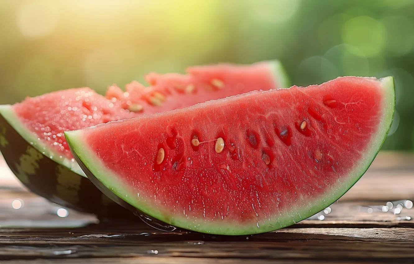Photo wallpaper summer, nature, Board, watermelon, green background, slices, juicy, bokeh