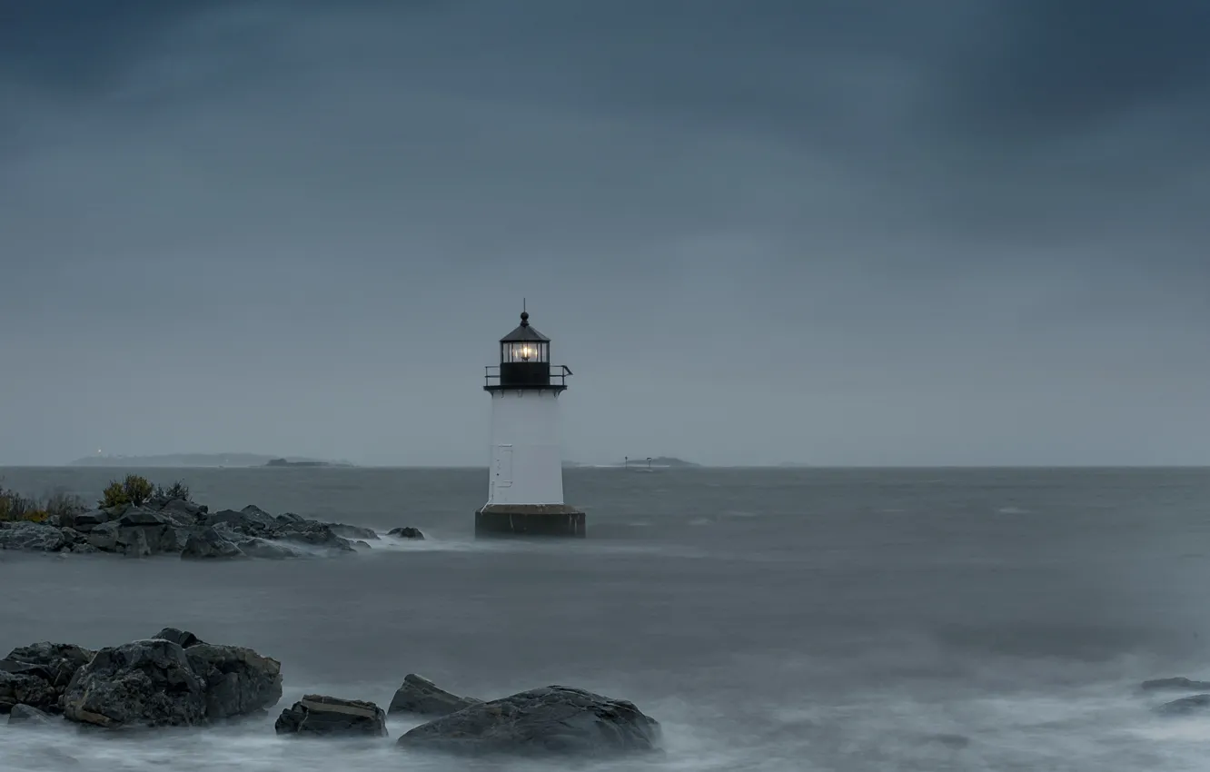 Photo wallpaper sea, light, storm, rocks, lighthouse, horizon, the gray sky, Fort Pickering lighthouse