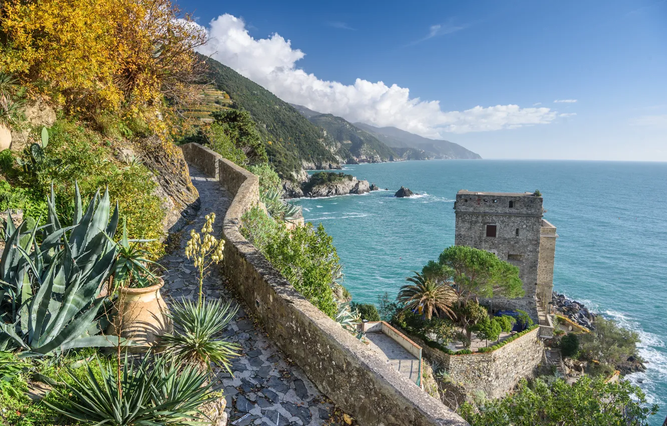 Photo wallpaper Italy, sea, tower, Monterosso al Mare, Liguria