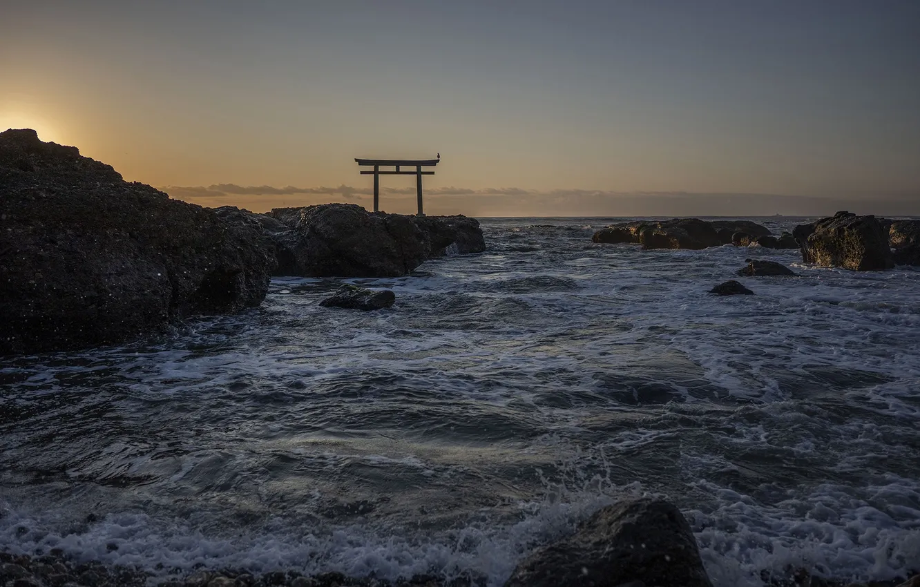 Photo wallpaper sea, stones, shore, sea foam