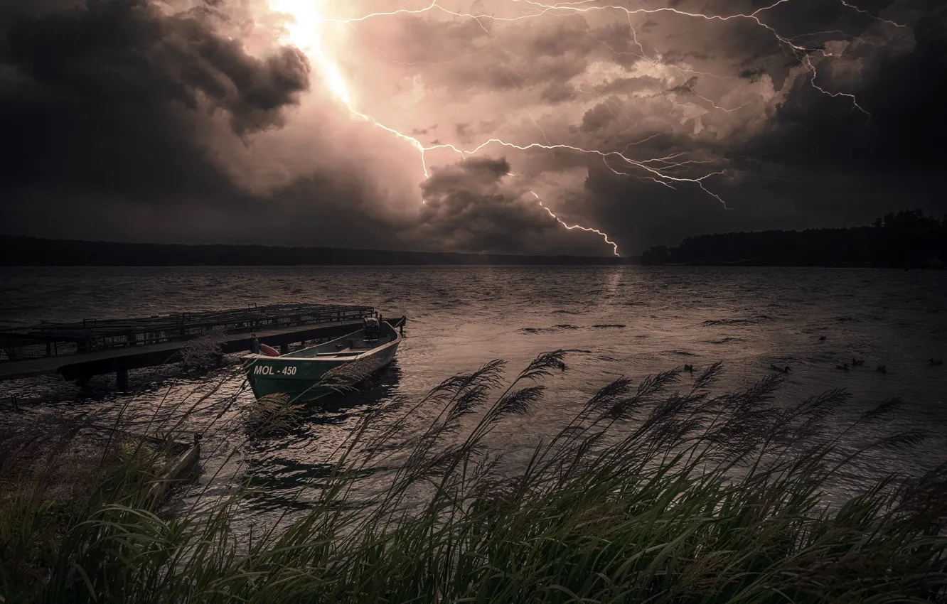 Photo wallpaper night, storm, lake, boat