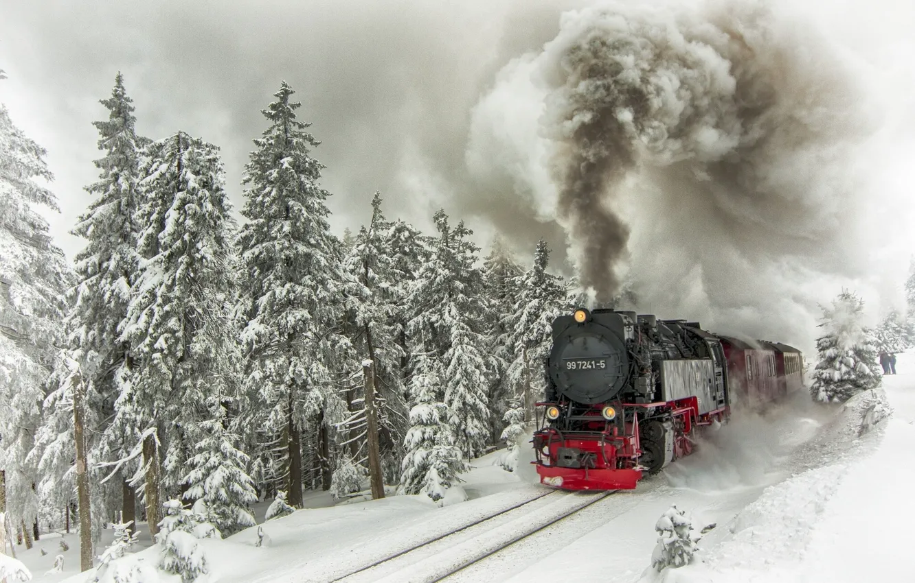 Photo wallpaper winter, snow, trees, smoke, rails, train, the engine, ate