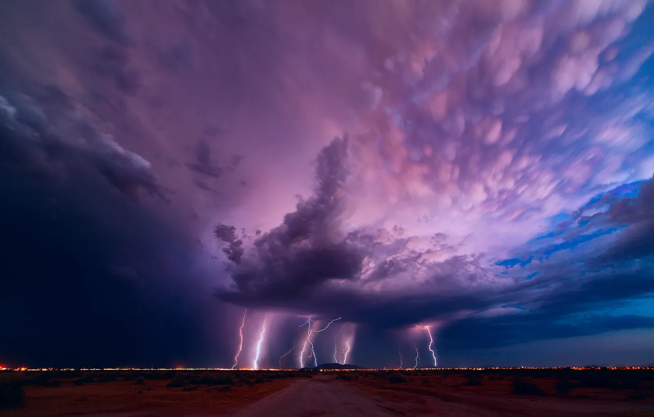 Photo wallpaper road, field, the sky, clouds, lightning