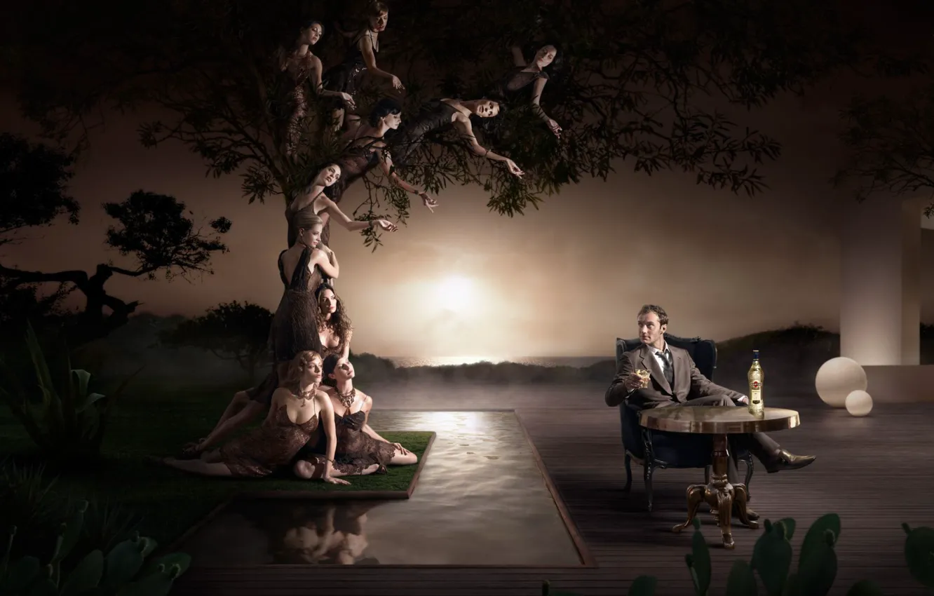 Photo wallpaper women, sunset, table, tree, figure, alcohol, male