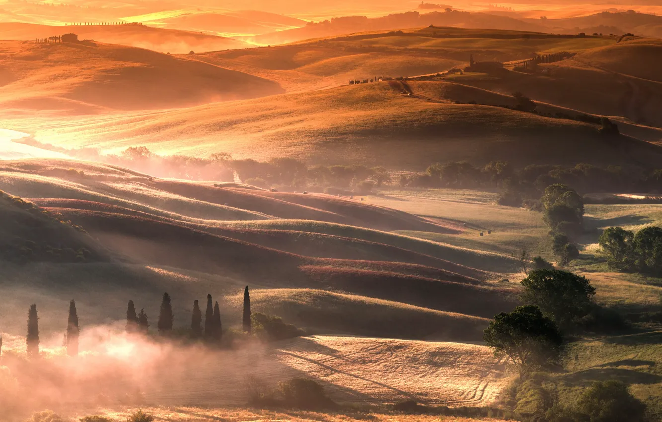 Photo wallpaper fog, hills, Italy, Tuscany