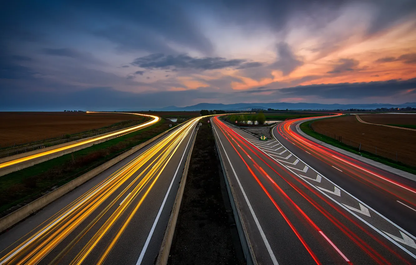 Photo wallpaper road, lights, the evening