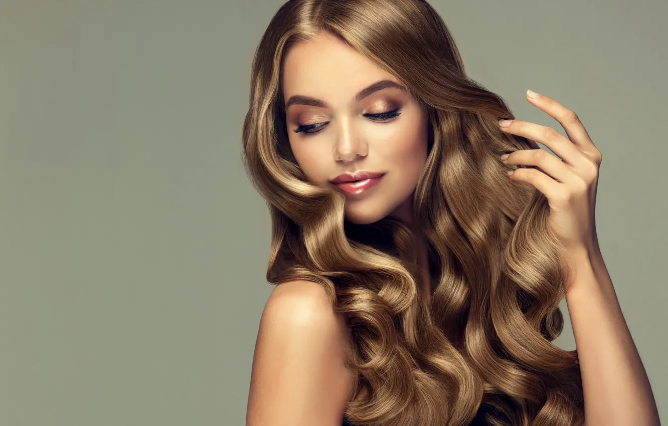 Photo wallpaper face, hair, portrait, hands, makeup, curls, gesture, curls