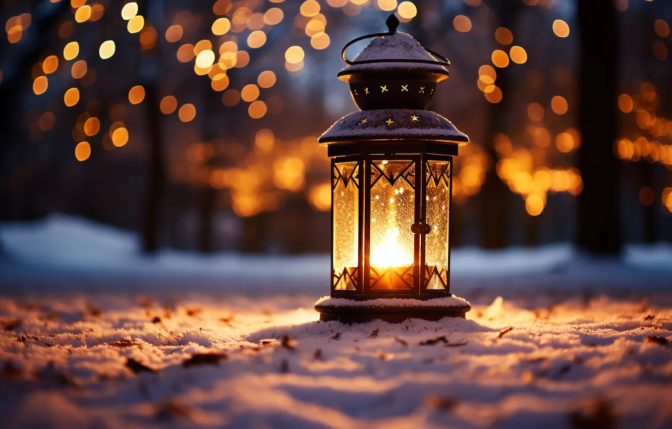 Photo wallpaper winter, snow, night, new year, Christmas, lights, Christmas, night