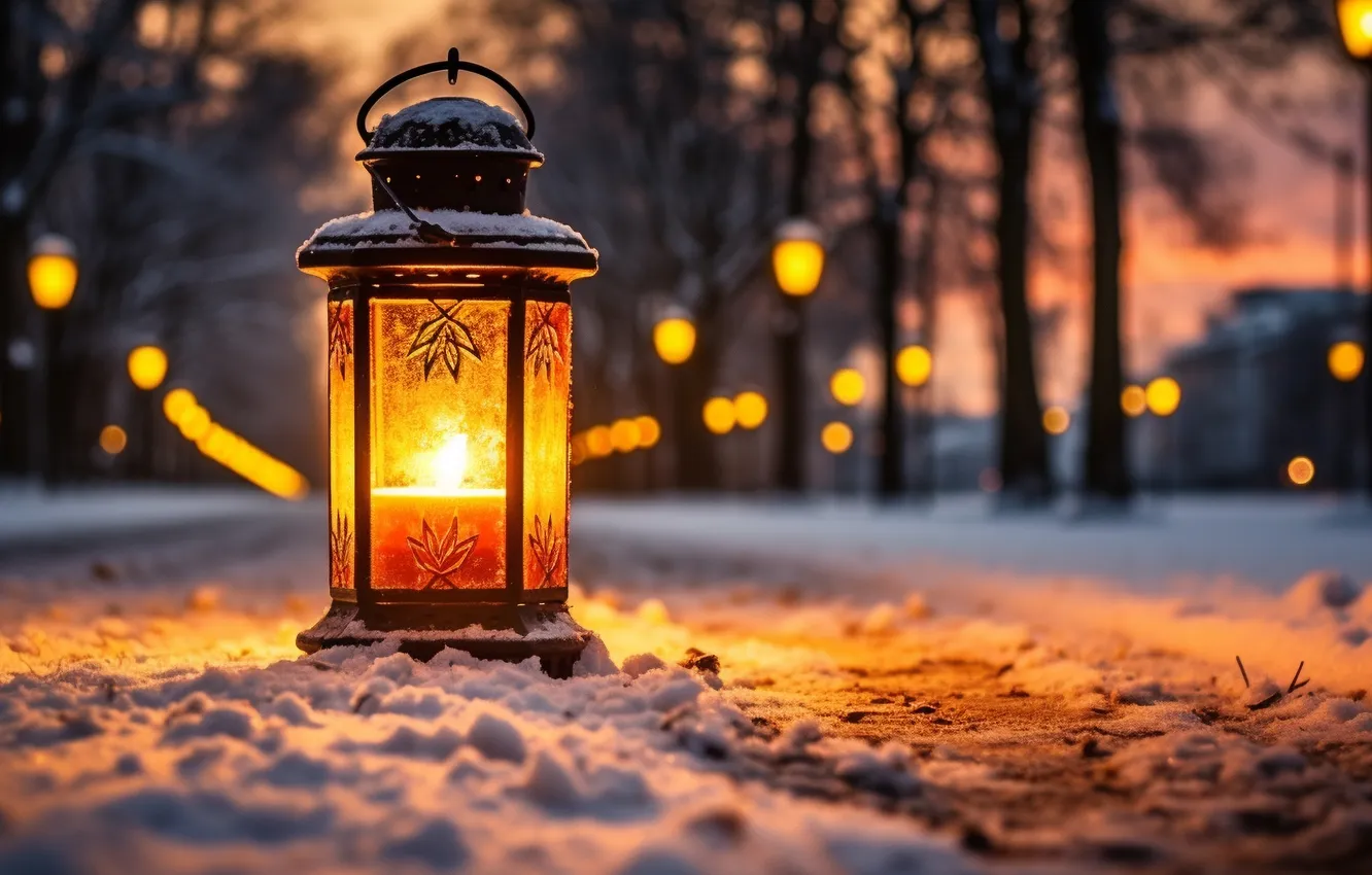 Photo wallpaper winter, snow, night, new year, Christmas, lights, Christmas, night