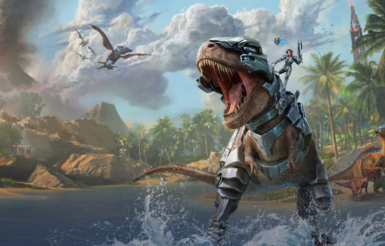 Photo wallpaper girl, gun, forest, sea, weapon, jungle, woman, animal