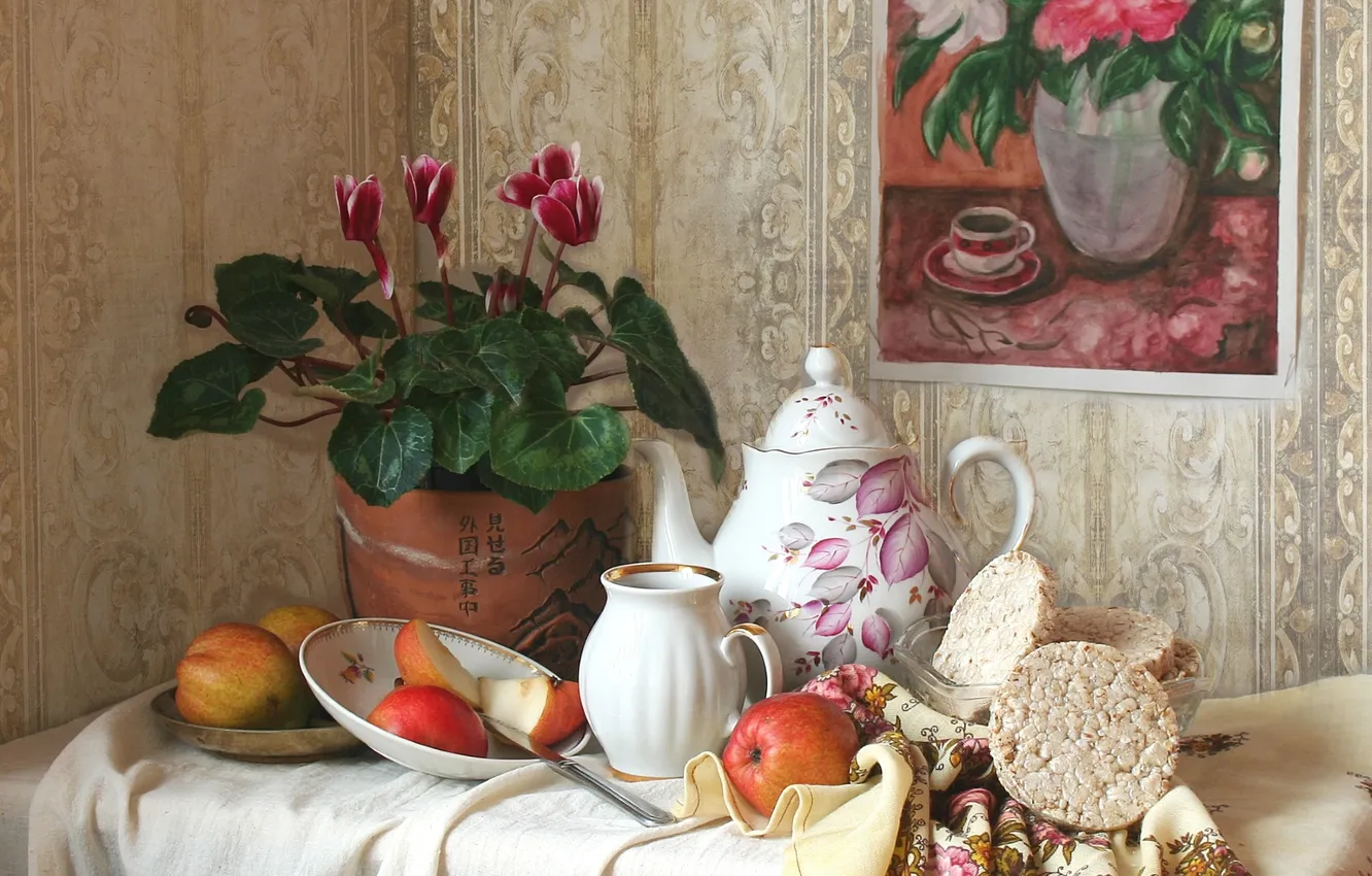 Photo wallpaper apples, picture, dishes, still life, cyclamen, bread