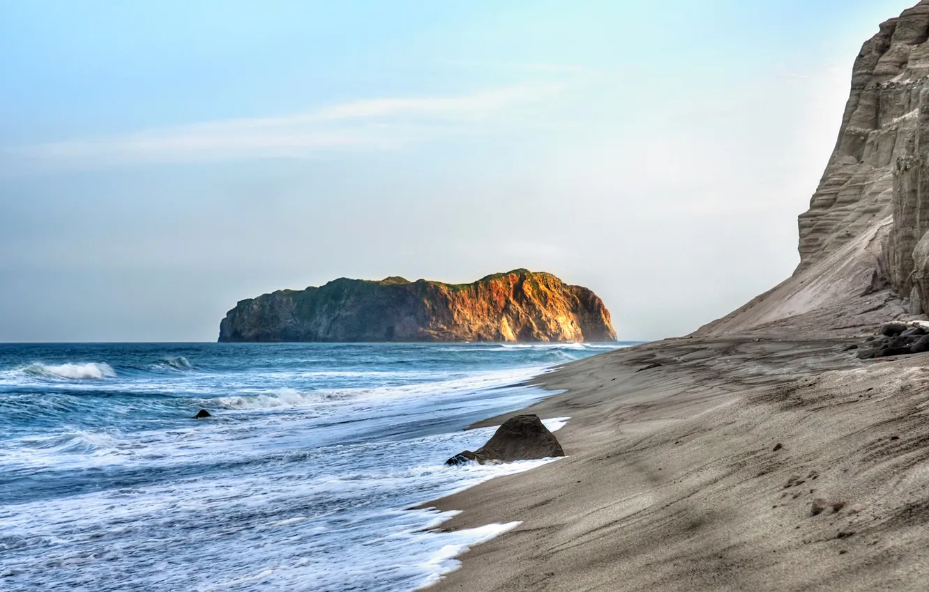 Photo wallpaper sea, wave, the sky, stones, the ocean, rocks, shore, island