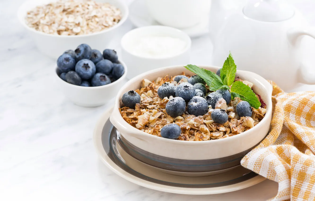 Photo wallpaper berries, mint, cereal, blueberries, oatmeal