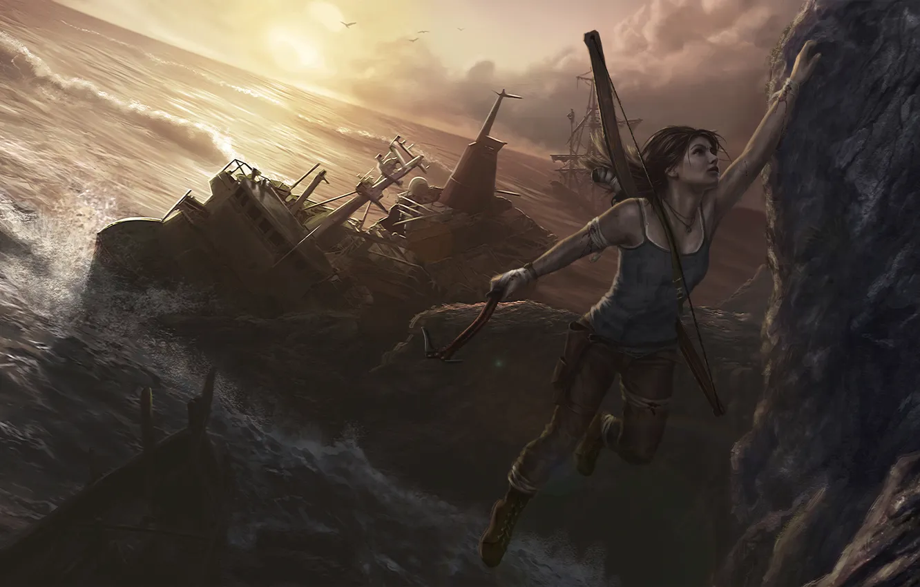 Photo wallpaper the ocean, rocks, the game, ship, bow, art, Tomb Raider, game