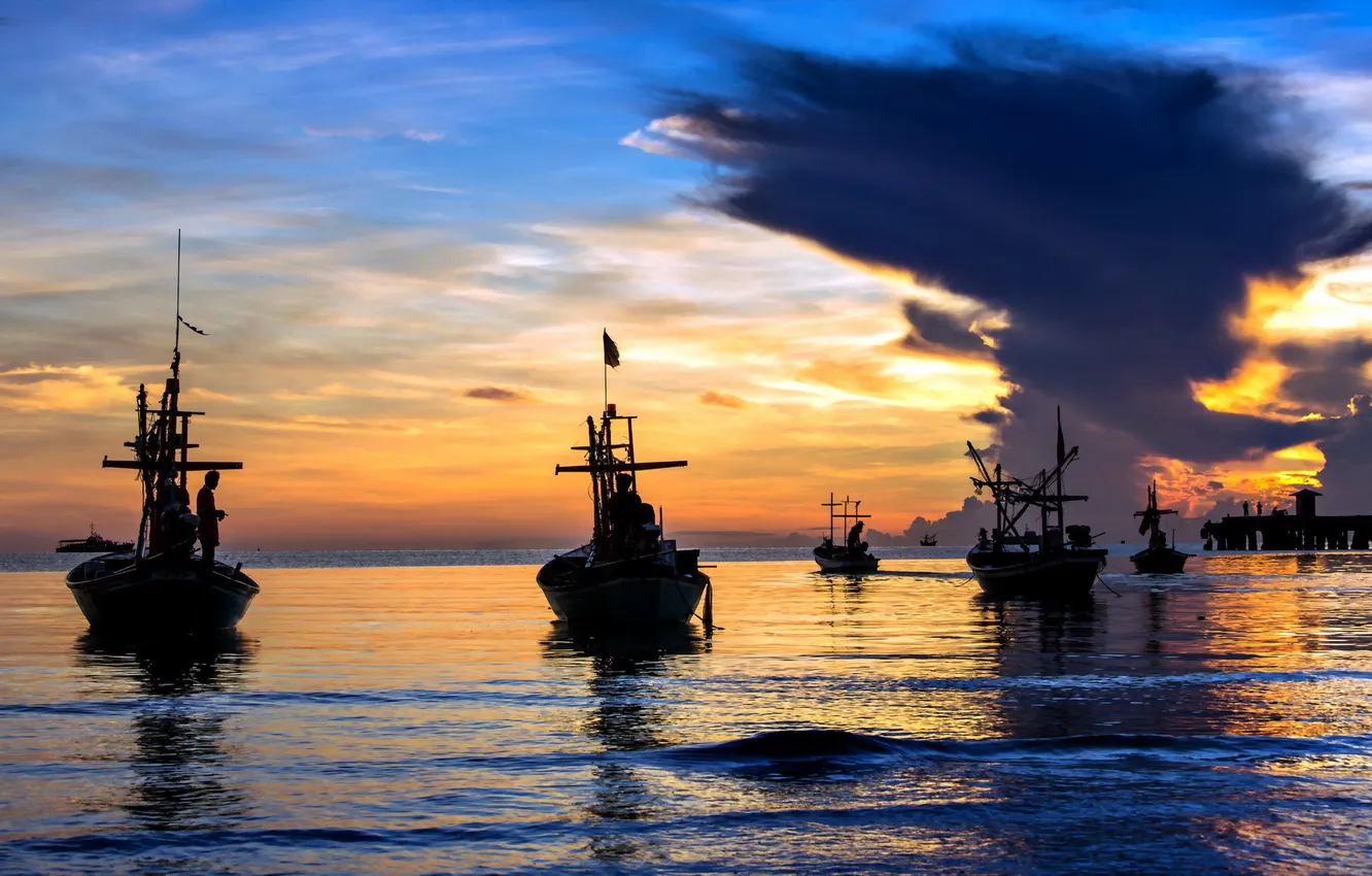 Photo wallpaper sea, sunset, boats, fishermen