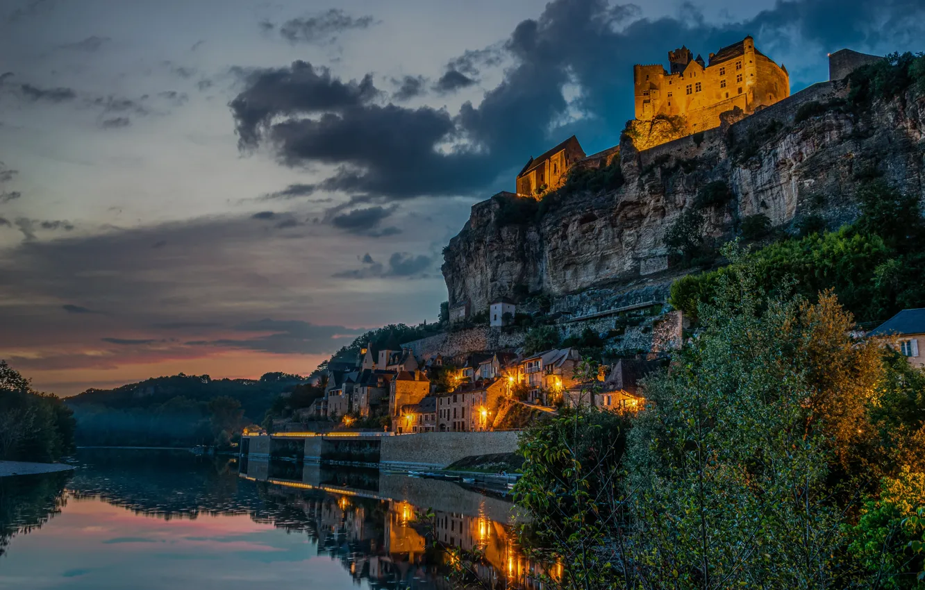 Photo wallpaper rock, reflection, river, castle, France, village, France, Dordogne River