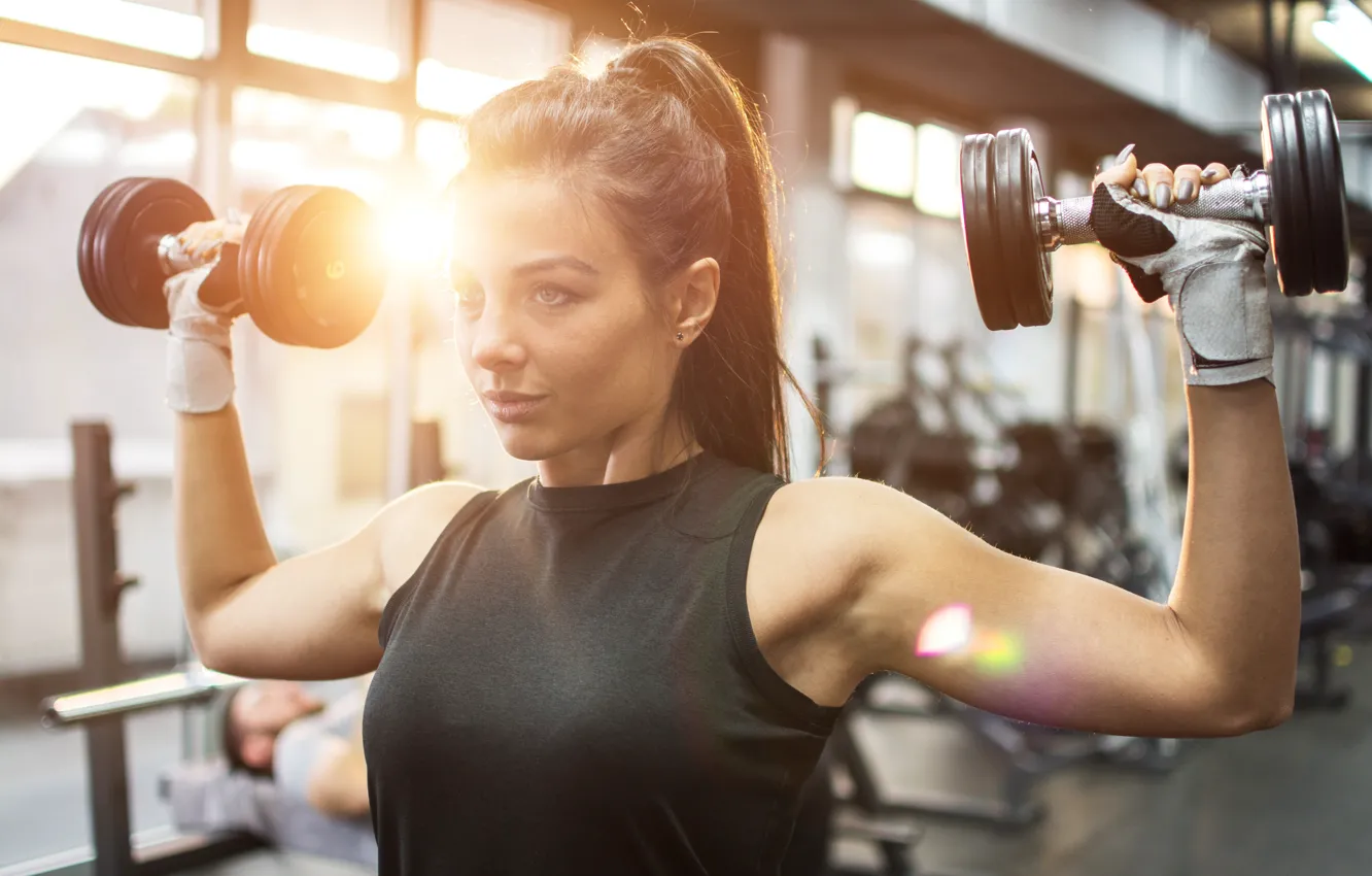 Photo wallpaper pose, back, female, workout, fitness, gym, brunette., shoulders