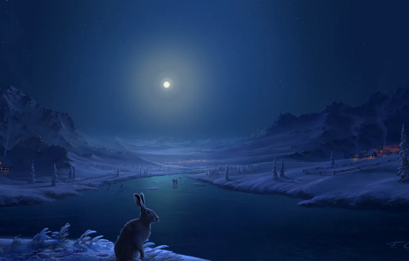Photo wallpaper winter, snow, mountains, river, people, hare, home, The moon