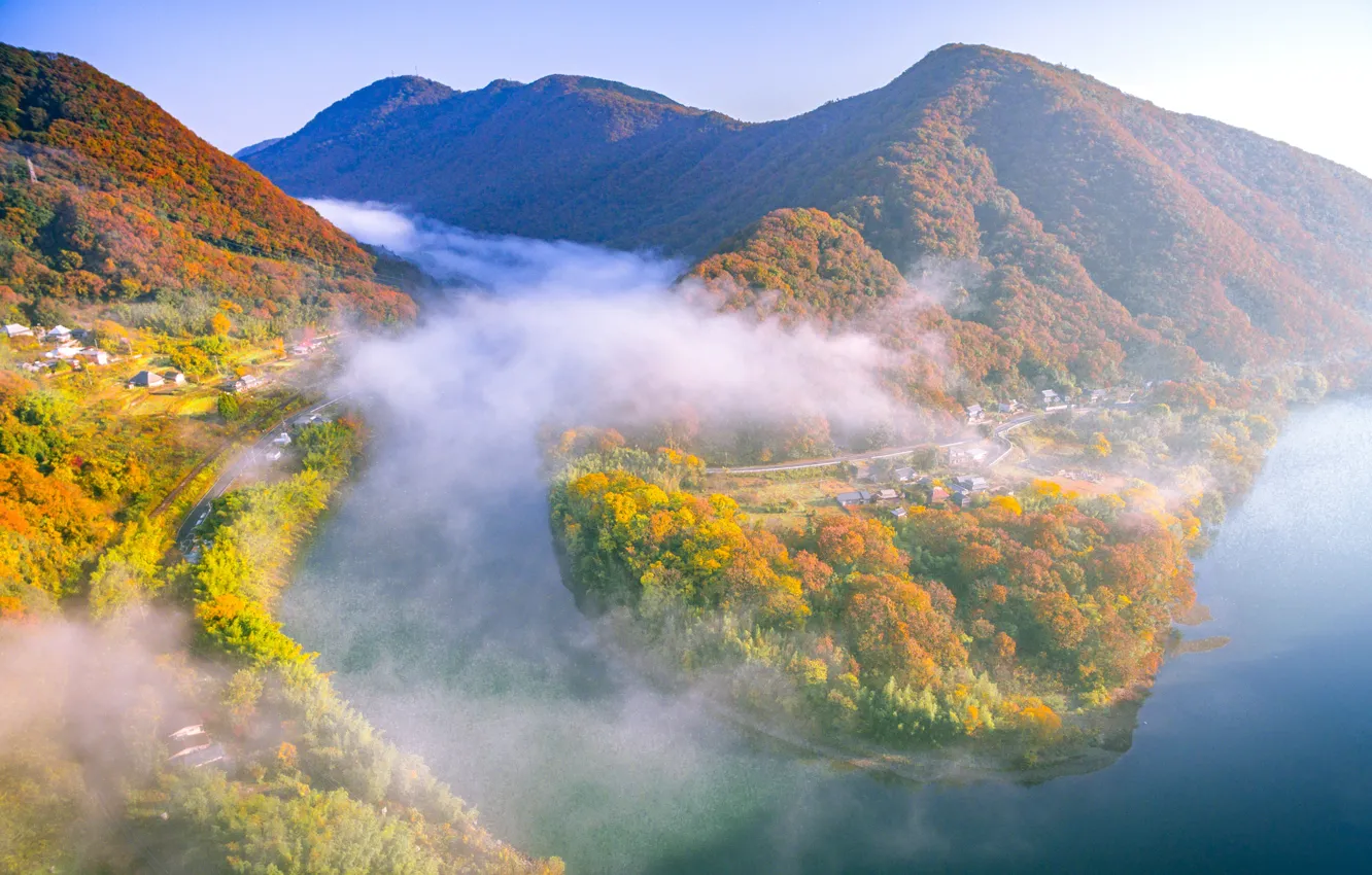 Photo wallpaper autumn, forest, trees, mountains, fog, river, Japan, Okayama