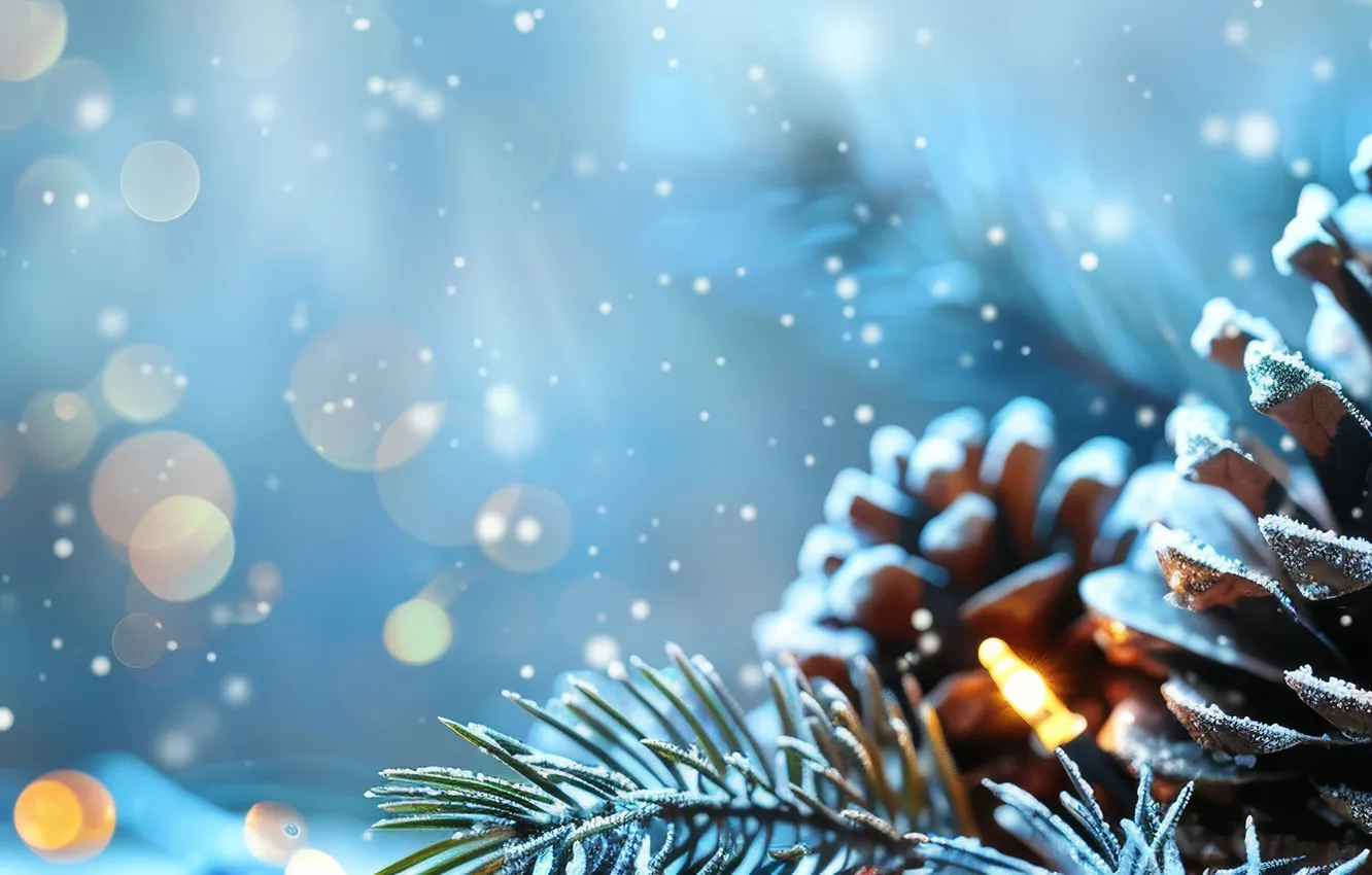 Photo wallpaper winter, frost, snow, branches, lights, new year, Christmas, banner