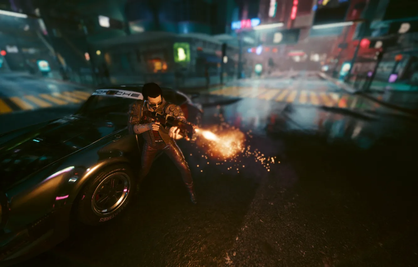 Photo wallpaper lights, gun, Cyberpunk 2077