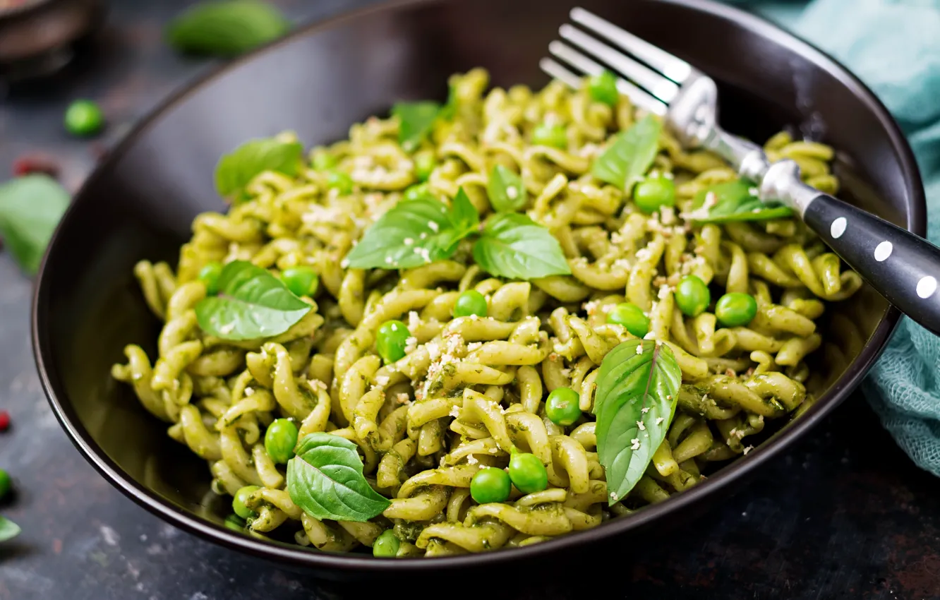 Photo wallpaper table, food, towel, plate, plug, bokeh, slink, pasta