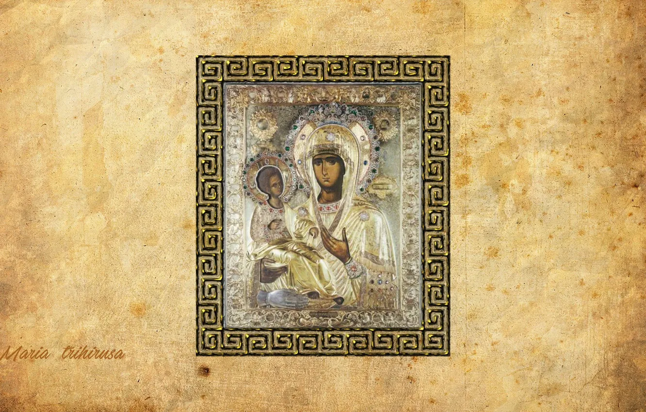 Photo wallpaper old, paper, Madonna, Mary, The icon of the theotokos with three hands, Greek frame, Maria …