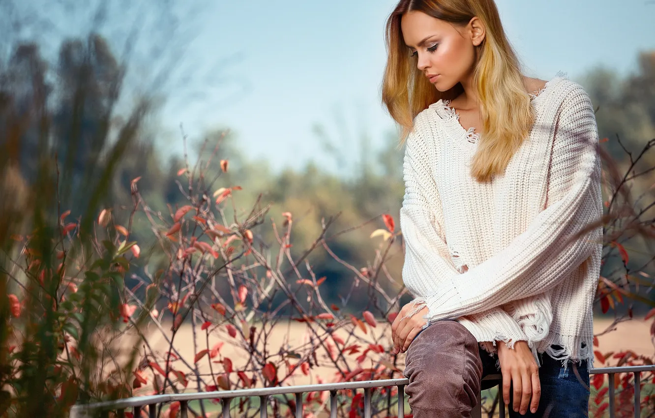 Photo wallpaper girl, branches, nature, the fence, profile, brown hair, jumper, Nicole Anna Szar