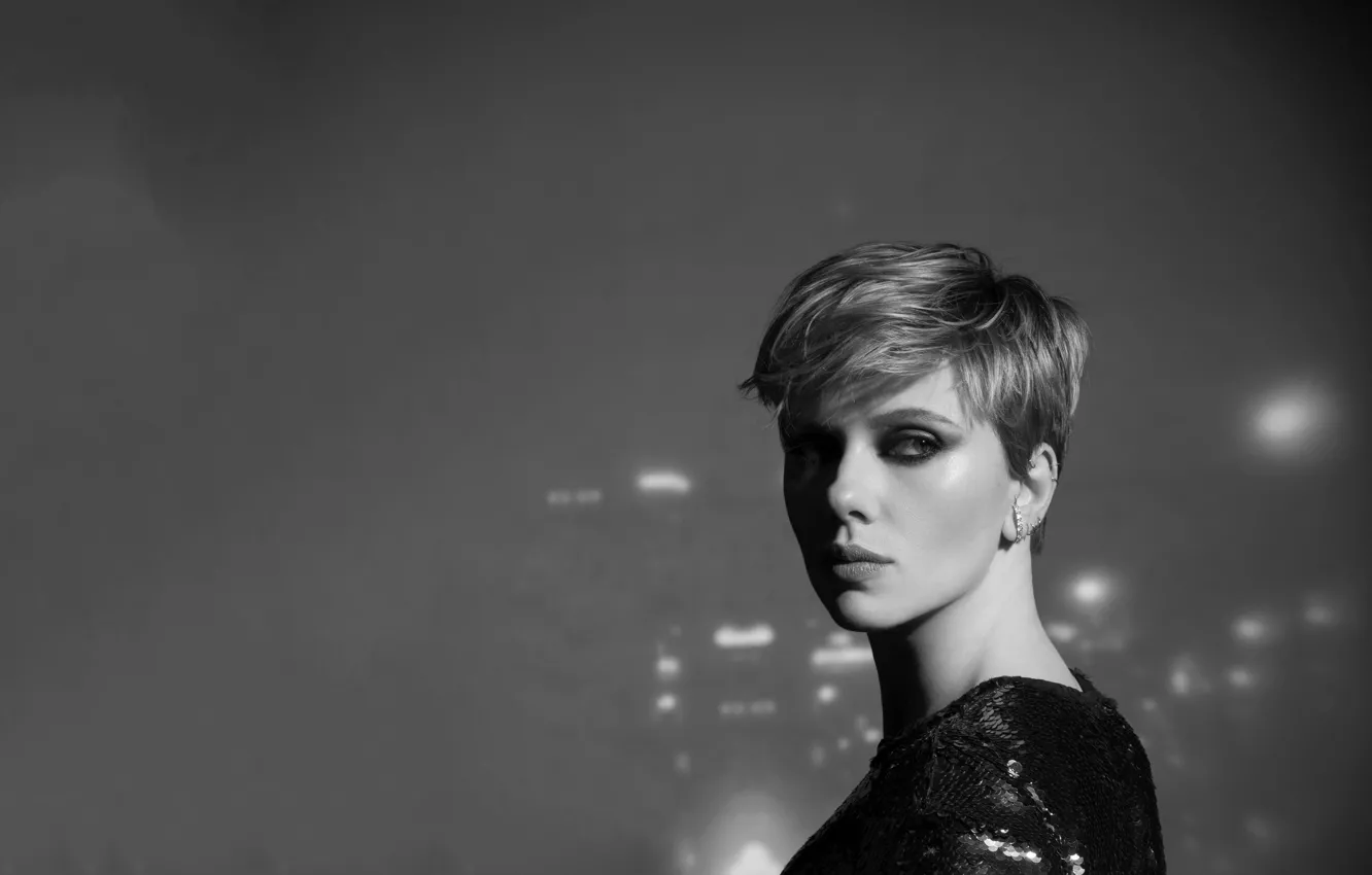 Photo wallpaper black & white, Scarlett Johansson, actress, Short Haircut, monocrome