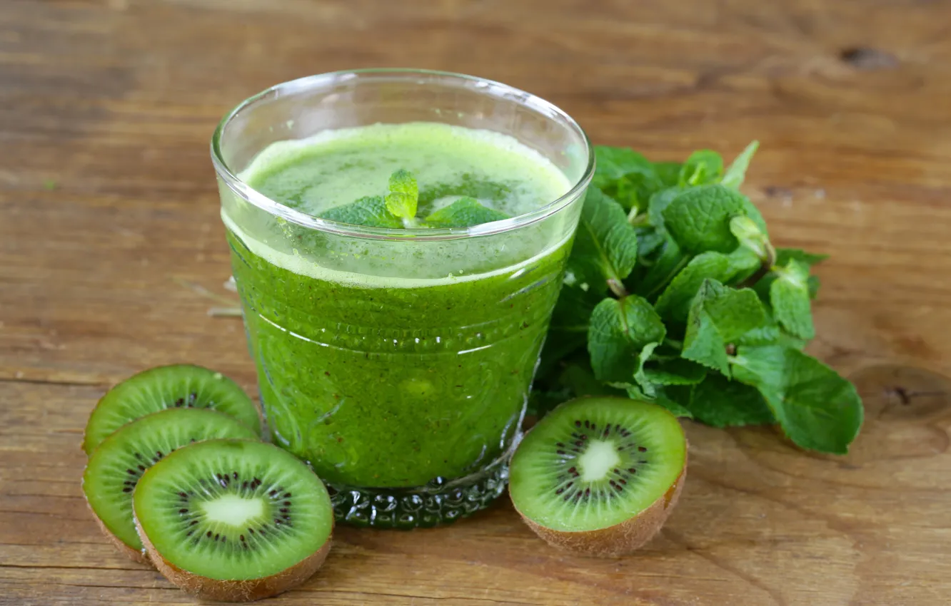 Photo wallpaper greens, glass, kiwi, juice, bokeh, smoothies