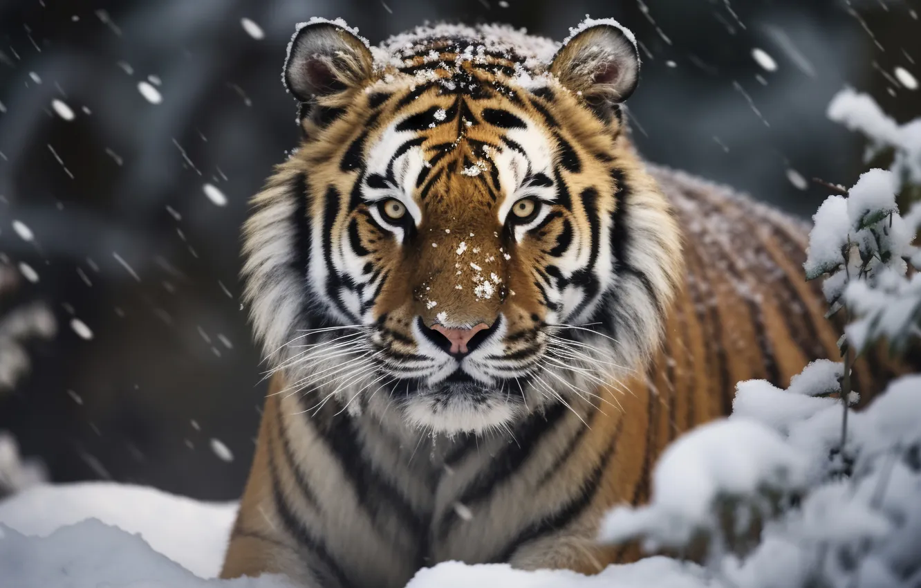Photo wallpaper winter, look, face, snow, tiger, predator, big cat, digital art
