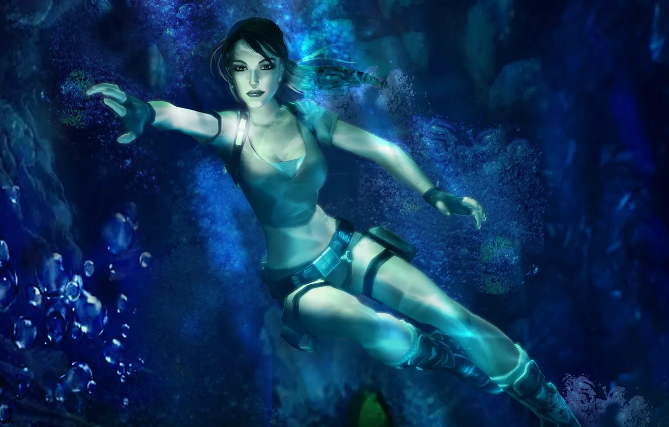 Photo wallpaper bubbles, mermaid, depth, Tomb Raider, underwater world, Lara Croft