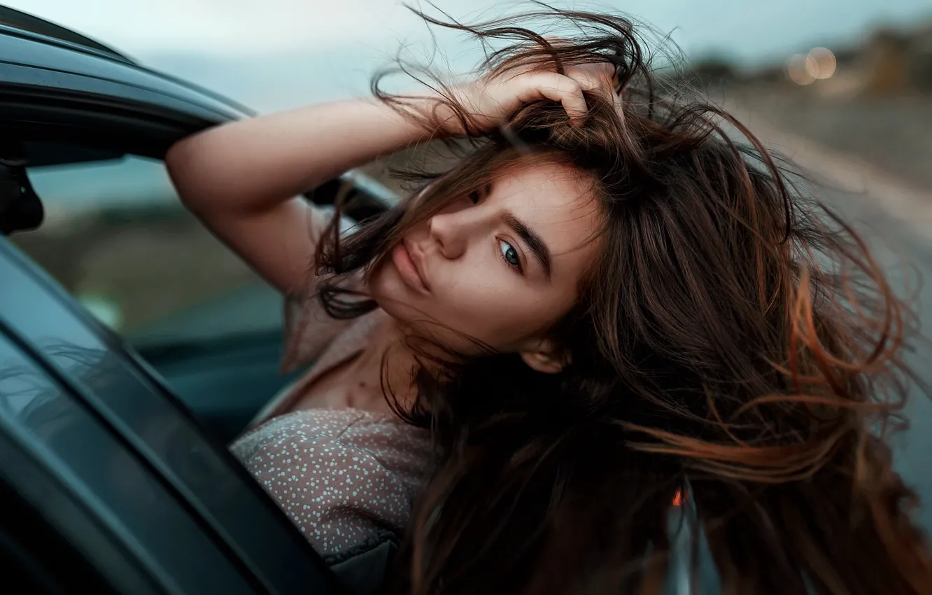 Photo wallpaper auto, girl, the wind, hair, Juliana Naidenova