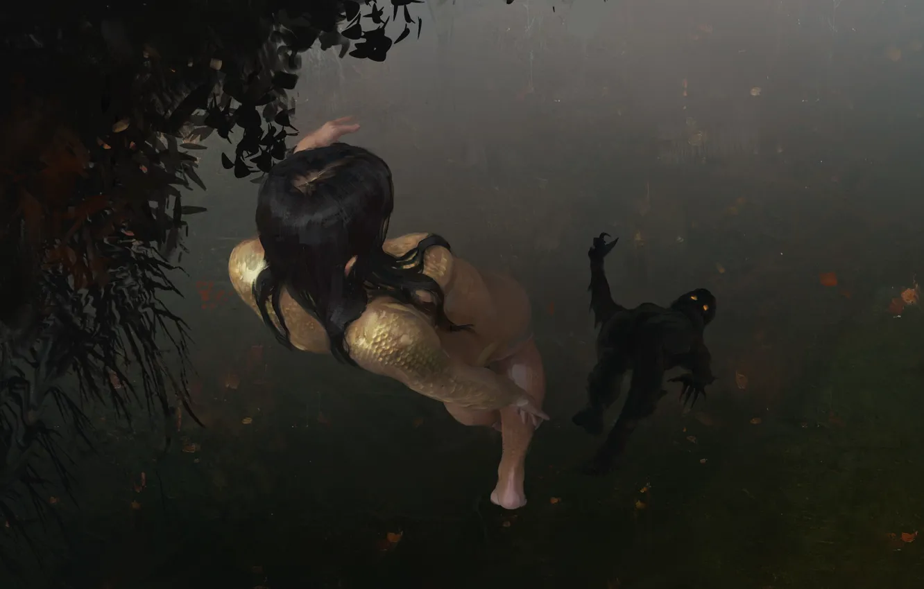 Photo wallpaper water, girl, reflection, figure, the demon, horror, fantasy, art