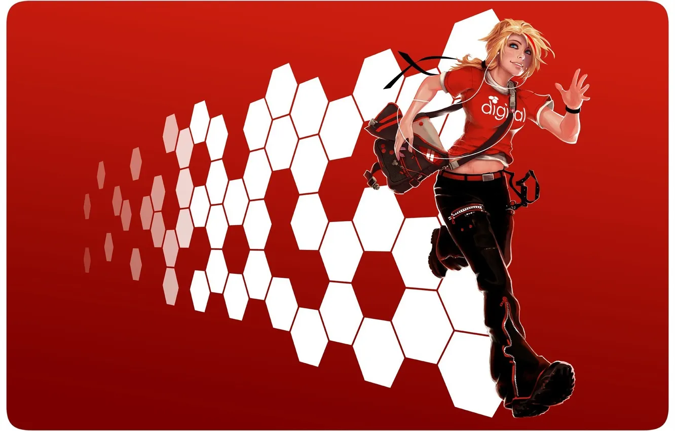 Photo wallpaper girl, red, running, bag