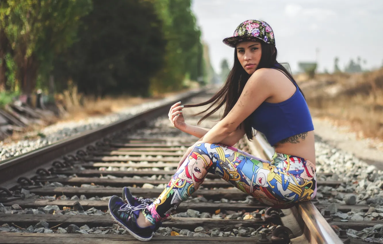 Photo wallpaper look, girl, railroad