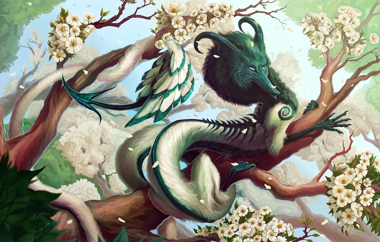 Photo wallpaper leaves, flowers, branch, Dragon, tail, lies, fur, brush
