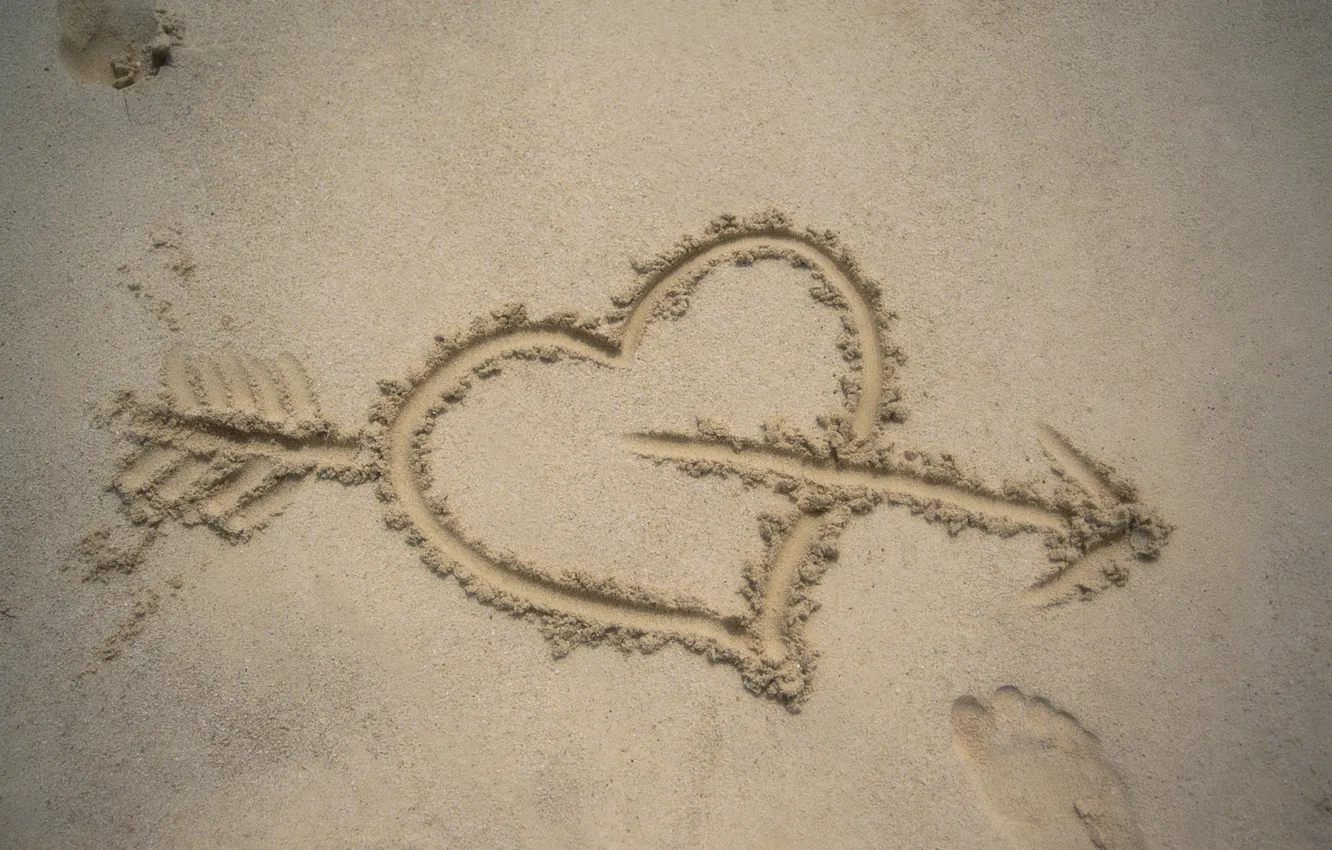 Photo wallpaper sand, love, traces, background, heart, figure, arrows