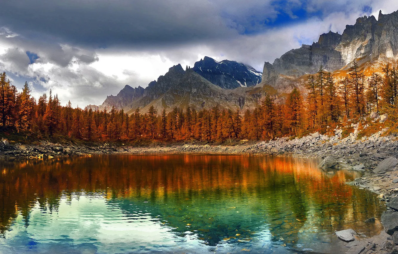 Photo wallpaper autumn, trees, mountains, lake, Alps, Italy, Park Alpe Veglia-Devero