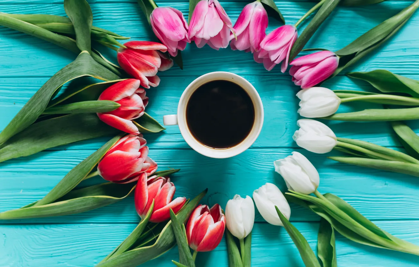 Photo wallpaper flowers, coffee, colorful, Cup, tulips, pink, white, white
