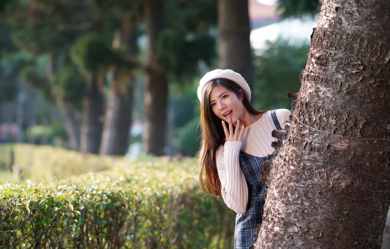 Photo wallpaper girl, blouse, Asian, takes, bokeh