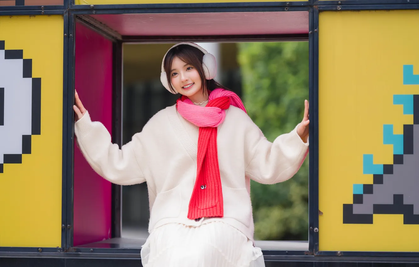 Photo wallpaper girl, smile, headphones, Asian, jacket, scarf