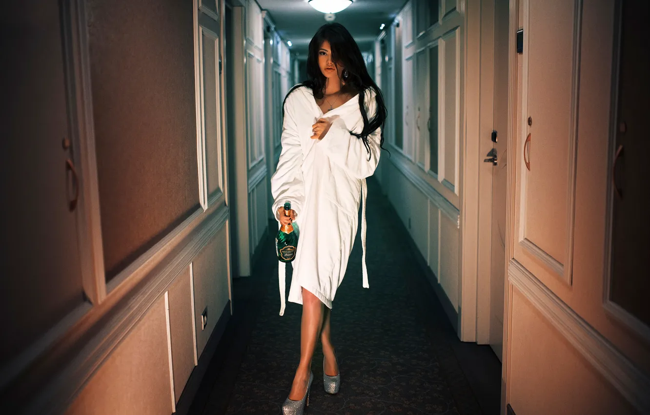 Photo wallpaper girl, stay, bottle, the hotel, champagne, Bathrobe, Elvira