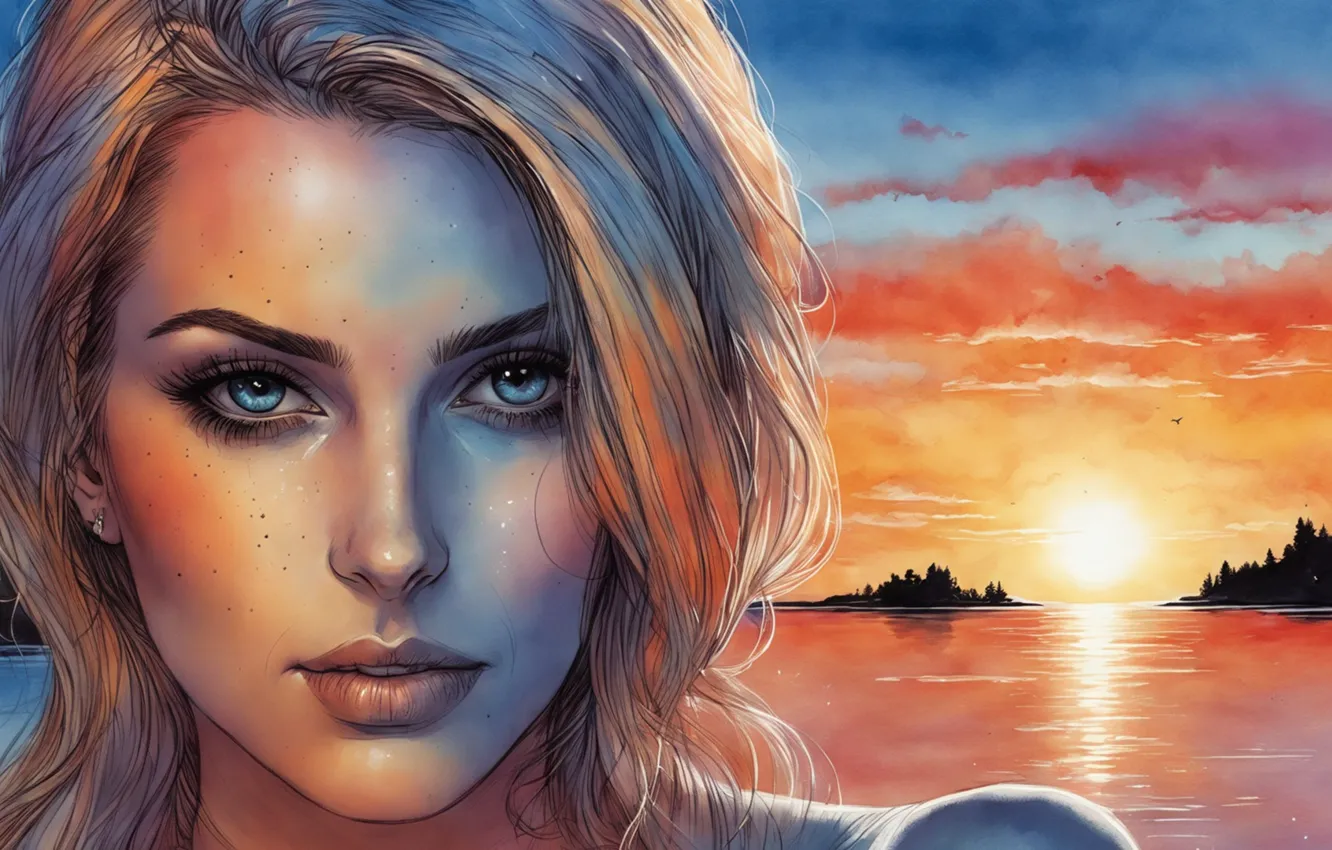 Photo wallpaper look, girl, sunset