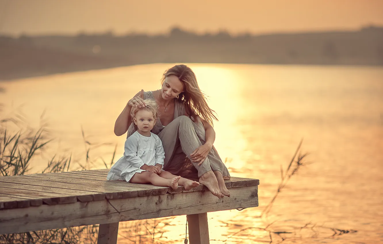 Photo wallpaper sunset, nature, child, mother, Ekaterina Zakharkova