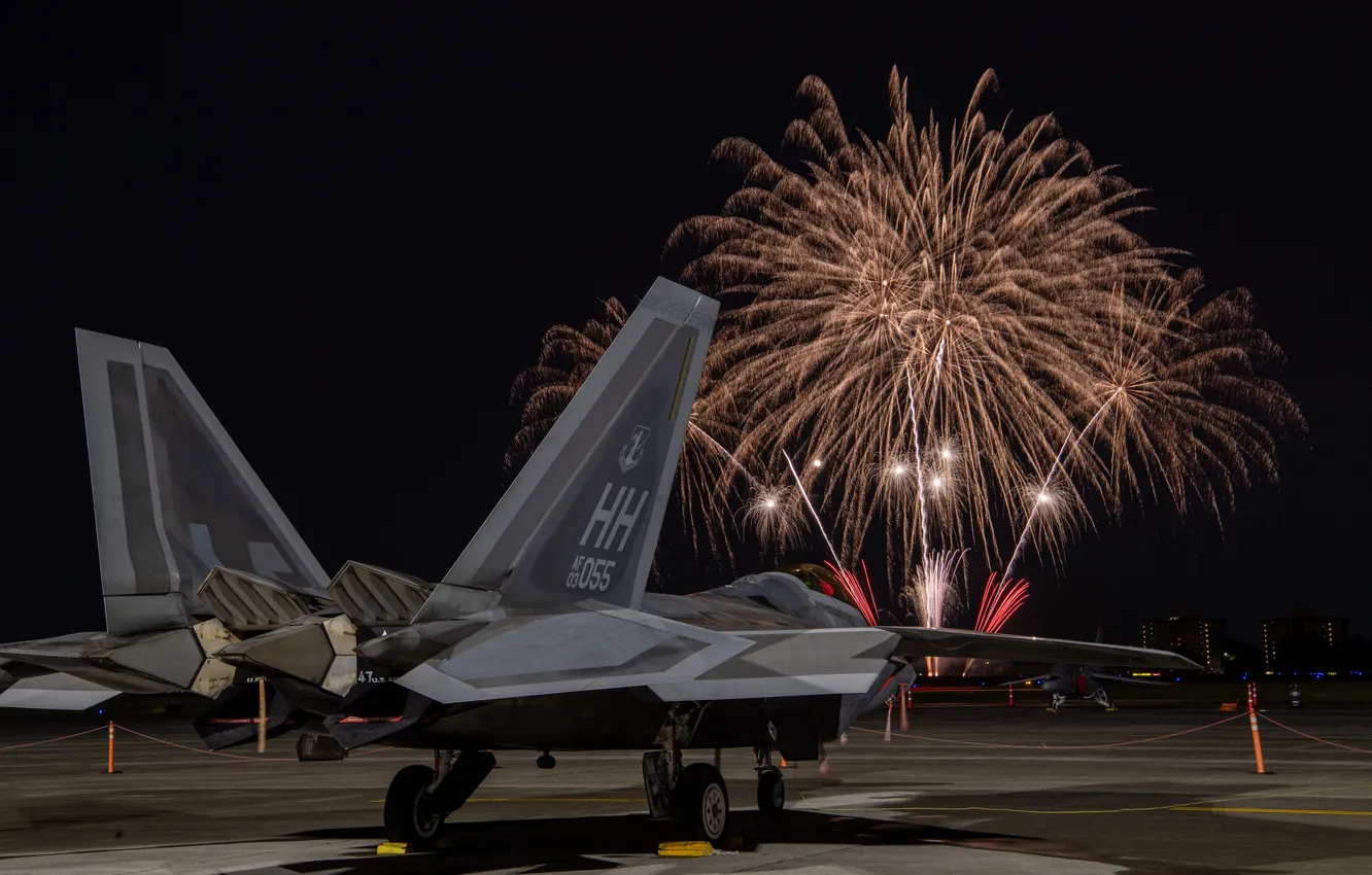 Photo wallpaper salute, UNITED STATES AIR FORCE, F-22 Raptor, Lockheed Martin, stealth multirole fighter