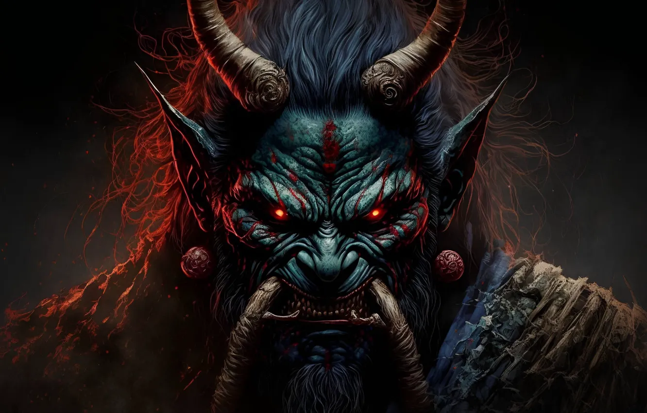 Photo wallpaper close-up, portrait, fangs, horns, hatred, horns, close-up, Orc